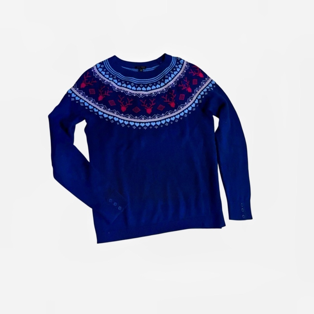 Talbots classic preppy fair isle yoke reindeer blue pink crew neck sweater S